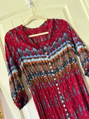 Boho Button-Front Maxi Dress - Burgundy with Blue & Rust Print